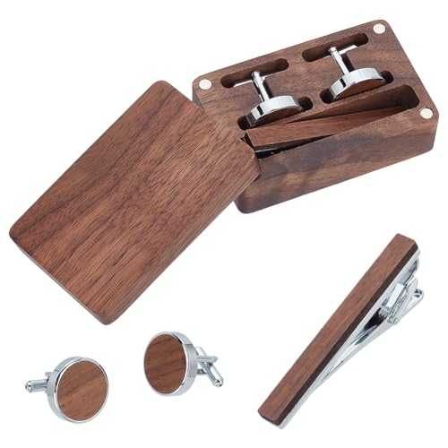 WEBEEDY Walnussholz Runde Manschettenknöpfe Krawattenklammern Set für Männer Krawattenstangen Clip Holz Krawattenhalter Clip und Manschettenknöpfe für Gentleman Anzug und Krawatte,Hochzeit von WEBEEDY