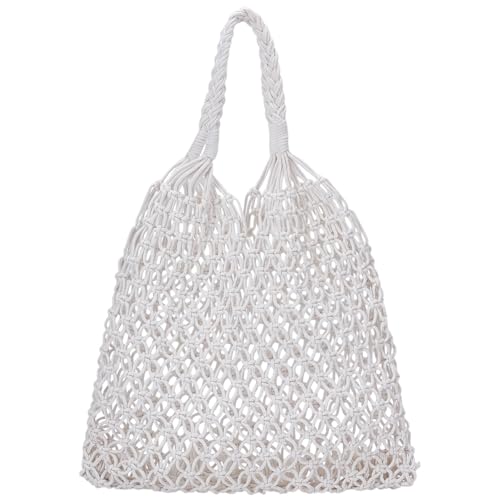 WEBEEDY Weißer Makramee Strohstrandtasche Für Damen Handgefertigte Strohtasche Strand Tasche Für Reisen Täglicher Gebrauch Geschenk Für Geburtstag Urlaub Hochzeit 36x38 cm Körper von WEBEEDY