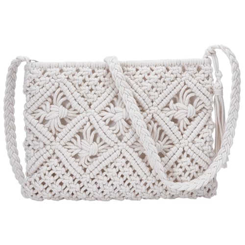 WEBEEDY Weißer Makramee Umhängetasche Boho Handgefertigte Gewebte Umhängetasche Für Den Strand Reise Täglicher Gebrauch Geschenk Für Geburtstag Urlaub Hochzeit 26x20.5 cm Körper von WEBEEDY