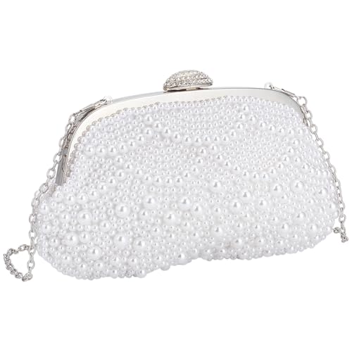 WEBEEDY Weißes Perlen Clutch Für Die Braut Frauen Hochzeitsclutch Perlenhandtasche Mit 2 Ketten Für Abendtasche Tanzparty Datum Reise Geschenk Für Die Hochzeit 24x14.5cm von WEBEEDY