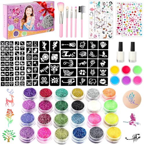 WECUTE Glitzer-Tattoo-Set, Glitzer Tattoo Set Mädchen – 30 Farben, 189 Tattoo Schablonen, glitzertattoos kinder set Geeignet Ideal für Halloween, Musikfestival, Karnevalsfest Party von WECUTE