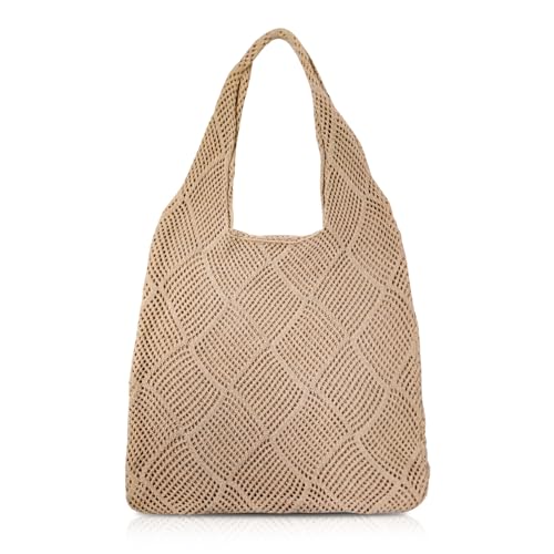 WEDAWIN Häkelgewebte Strandtasche für Damen, einfarbig, Sommerstroh mit durchbrochenem Muster, aus weicher Baumwolle, bequem und atmungsaktiv, ideal für Strandurlaub und tägliche Reisen von WEDAWIN