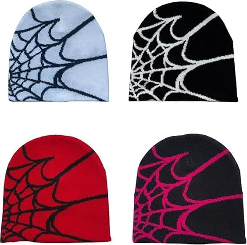 4 Stück Y2K Beanies Spinnennetzmuster Beanie Gothic Acryl Strickmütze Casual Streetwear Outdoor Beanies für Herren Damen,Grafik Spinnennetz Winter Strickmützen Warme Gehäkelte Mode,Halloween Kostüm von WEESTAAMO