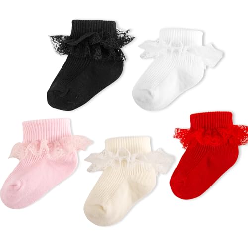 WEESTAAMO 5 Paar Baby Girl Ruffle Socken Öse Doppelspitze wiederum Manschette Knöchel Rüschen Kleid Socken für Neugeborene/Säugling/Kleinkind/Baby Mädchen von WEESTAAMO