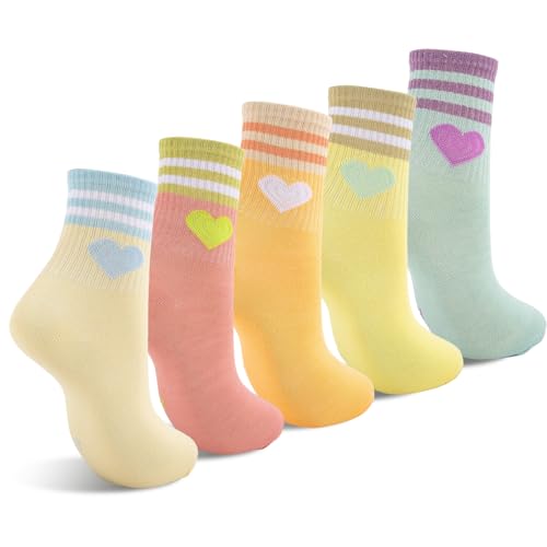 WEESTAAMO Tennissocken Damen Sportsocken für Mädchen 3-12 Jahre Baumwoll-Kindersocken mit Fashion Streifen Herzen Crew Socks von WEESTAAMO
