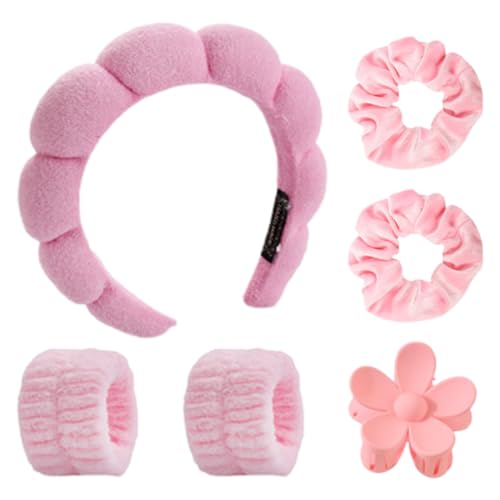 Spa Stirnband zum Waschen Gesicht Wristband, 6-teiliges Set, Schwamm weiches Frottee Make-up Hautpflege Anti-Rutsch-Stirnband für Damen, für Makeup und Hautpflege (Rosa) von WEGLOK
