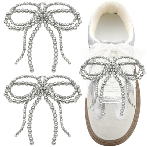 WEGOODZF Perlenschleifen-Charms: 2 x Schleifen-Clip-On-Dekorationen für Damen, silber, Einheitsgröße WEGOODZF Perlenschleifen-Charms: 2 x Schleifen-Clip-On-Dekorationen für Damen, silber, Einheitsgröße von WEGOODZF