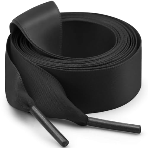 WEGOODZF Seiden Ribbon Satin Schnürsenkel: 2CM Breite Flach Schuhbänder 110CM Schwarz für Damen 2 Paar von WEGOODZF