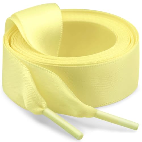 WEGOODZF Seiden Ribbon Satin Schnürsenkel: 2CM Breite Flache Schuhbänder 2 Paar 100CM Hellgelb für Damen Sportschuhe Sneaker Mädchen Laufschuhe von WEGOODZF