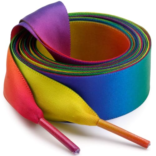 WEGOODZF Seiden Ribbon Satin Schnürsenkel: 2CM Breite Flache Schuhbänder 2 Paar 140CM Blau Regenbogen für Damen Sportschuhe Sneaker Mädchen Laufschuhe von WEGOODZF