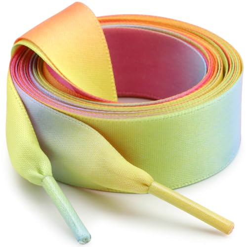 WEGOODZF Seiden Ribbon Satin Schnürsenkel: 2CM Breite Flache Schuhbänder 2 Paar 140CM Rosa Regenbogen für Damen Sportschuhe Sneaker Mädchen Laufschuhe von WEGOODZF
