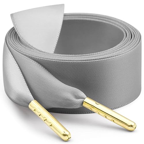 WEGOODZF Seidenband Ribbon Satin Schnürsenkel: 2 Paar 100CM Dunkelgrau 2CM Breite mit Metallspitze Flache Satinband Schuhbänder für Turnschuhe Damen Sportschuhe von WEGOODZF