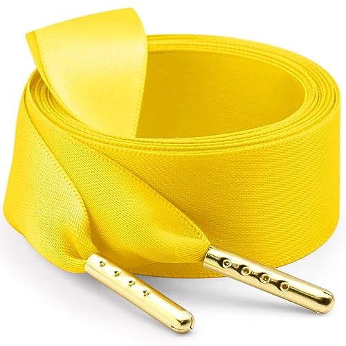 WEGOODZF Seidenband Ribbon Satin Schnürsenkel: 2 Paar 100CM Gelb 2CM Breite mit Metallspitze Flache Satinband Schuhbänder für Turnschuhe Damen Sportschuhe von WEGOODZF