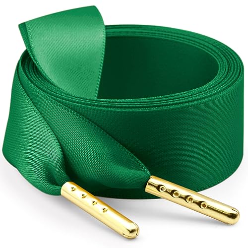WEGOODZF Seidenband Ribbon Satin Schnürsenkel: 2 Paar 100CM Grün 2CM Breite mit Metallspitze Flache Satinband Schuhbänder für Turnschuhe Damen Sportschuhe von WEGOODZF