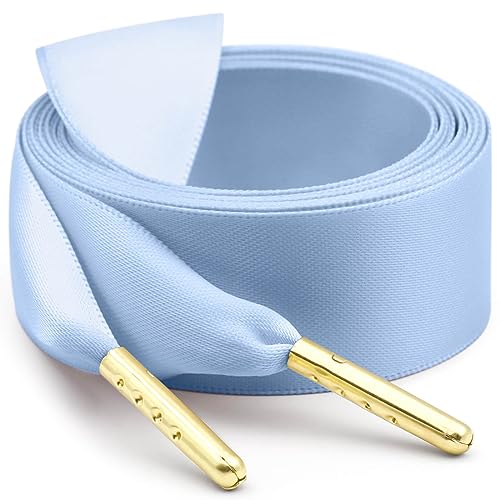 WEGOODZF Seidenband Ribbon Satin Schnürsenkel: 2 Paar 100CM Hellblau 2CM Breite mit Metallspitze Flache Satinband Schuhbänder für Turnschuhe Damen Sportschuhe von WEGOODZF