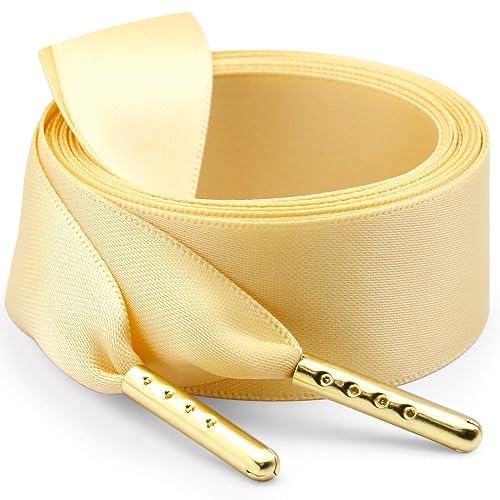 WEGOODZF Seidenband Ribbon Satin Schnürsenkel: 2 Paar 100CM Hellgelb 2CM Breite mit Metallspitze Flache Satinband Schuhbänder für Turnschuhe Damen Sportschuhe von WEGOODZF
