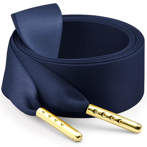 WEGOODZF Seidenband Ribbon Satin Schnürsenkel: 2 Paar 100CM Marineblau 2CM Breite mit Metallspitze Flache Satinband Schuhbänder für Turnschuhe Damen Sportschuhe von WEGOODZF