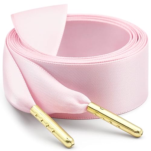 WEGOODZF Seidenband Ribbon Satin Schnürsenkel: 2 Paar 100CM Rosa 2CM Breite mit Metallspitze Flache Satinband Schuhbänder für Turnschuhe Damen Sportschuhe von WEGOODZF