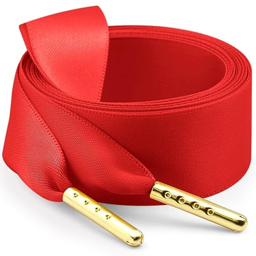 WEGOODZF Seidenband Ribbon Satin Schnürsenkel: 2 Paar 100CM Rot 2CM Breite mit Metallspitze Flache Satinband Schuhbänder für Turnschuhe Damen Sportschuhe von WEGOODZF