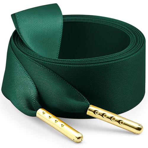 WEGOODZF Seidenband Ribbon Satin Schnürsenkel: 2 Paar 100CM Smaragdgrün 2CM Breite mit Metallspitze Flache Satinband Schuhbänder für Turnschuhe Damen Sportschuhe von WEGOODZF