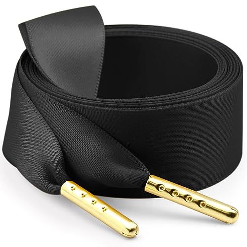 WEGOODZF Seidenband Ribbon Satin Schnürsenkel: 2 Paar 120CM Schwarz 2CM Breite mit Metallspitze Flache Satinband Schuhbänder für Turnschuhe Damen Sportschuhe von WEGOODZF
