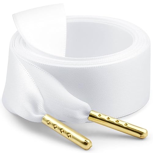 WEGOODZF Seidenband Ribbon Satin Schnürsenkel: 2 Paar 180CM Weiß 2CM Breite mit Metallspitze Flache Satinband Schuhbänder für Turnschuhe Damen Sportschuhe von WEGOODZF
