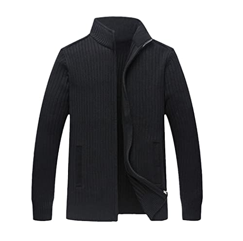 Winter Merino Wolle Pullover Herren Warm Handstrick Reißverschluss Strickjacke Solide Casual Kleidung Jacke, Schwarz , XX-Large von WEGUKRI