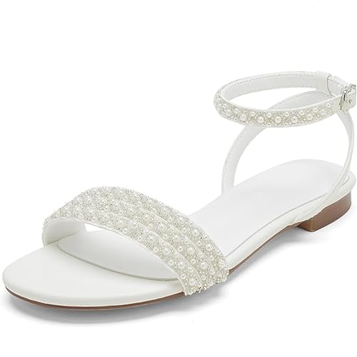 WEHAM Damen Braut Flache Hochzeitssandalen, Perlen Knöchelriemen Offene Spitze Brautkleid Brautjungfer Strandschuhe,Weiß,41 von WEHAM