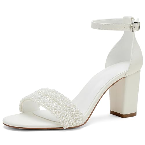 WEHAM Elegante Frauen mit Perlen, die mit Perlmahl mit hohem Blockabsatz Sandalen - Offene Toe -Knöchel -Brauthochzeitsschuhe für Party, Abschlussball und formelle Anlässe,Weiß,39 von WEHAM
