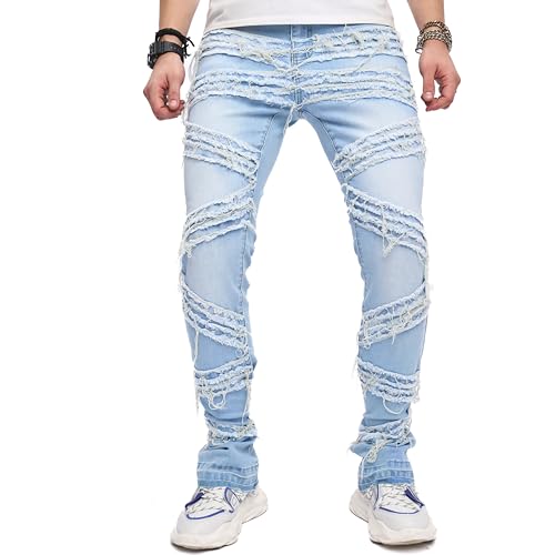 WEIBUMAOYI Herren Distressed Stacked Jeans Männer Slim Fit Stretch Hose Straight Leg Skinny Denim Pants, Blue005, 28 von WEIBUMAOYI