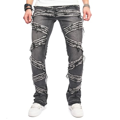 WEIBUMAOYI Herren Distressed Stacked Jeans Männer Slim Fit Stretch Hose Straight Leg Skinny Denim Pants, Dunkelgrau001, 48 von WEIBUMAOYI
