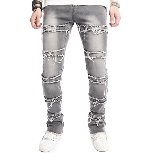 WEIBUMAOYI Herren Distressed Stacked Jeans Männer Slim Fit Stretch Hose Straight Leg Skinny Denim Pants, Grau, 48 von WEIBUMAOYI
