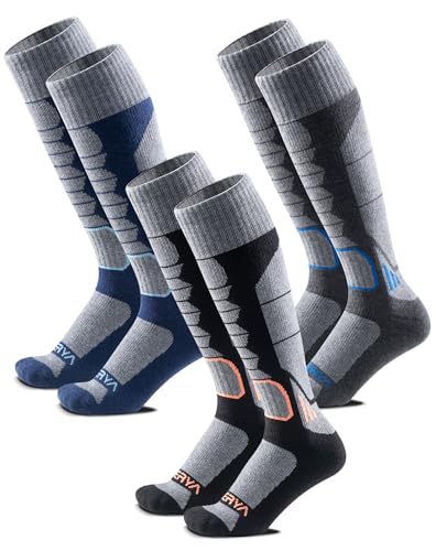 WEIERYA Skisocken,Thermische Gepolsterte Ski Socken für Skifahren,Snowboarden,Outdoor Wintersport für Herren Damen,Schwarz Grau Blau 3 Paar (37-40) von WEIERYA
