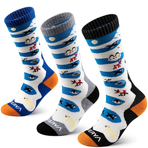 WEIERYA Kinder Skisocken Merinowolle, Thermo Snowboard socken, Kniestrümpfe Wolle Socken für Jungen und Mädchen, 1/3 Paar Blau Schwarz Grau M 3 Paar von WEIERYA