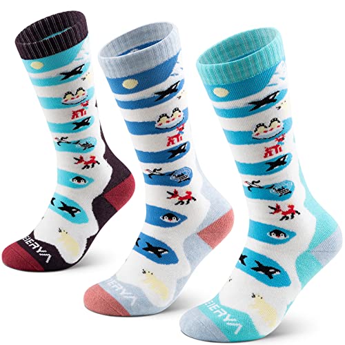 WEIERYA Kinder Skisocken Merinowolle, Thermo Snowboard socken, Kniestrümpfe Wolle Socken für Jungen und Mädchen, 1/3 Paar Dunkel Lila Teal Light Blau S 3 Paar von WEIERYA