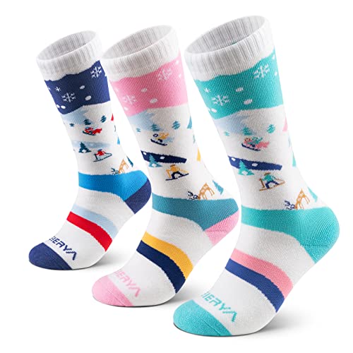 WEIERYA Kinder Wolle Skisocken,Thermo Socken, Skiing Snowboard Socken für kinder Jungen Mädchen, 3 Paar Lila Rosa Türkis Blau M von WEIERYA