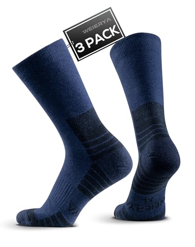 WEIERYA Wandersocken aus Merino Wolle, Crew Trekkingsocken Sportsocken für Herren & Damen, 3 Paar Gepolsterte Outdoor-Socken, Dunkelblau XL von WEIERYA