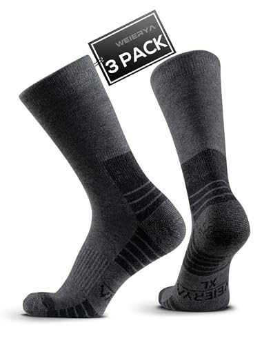 WEIERYA Wandersocken aus Merino Wolle, Crew Trekkingsocken Sportsocken für Herren & Damen, 3 Paar Gepolsterte Outdoor-Socken, Dunkelgrau L von WEIERYA