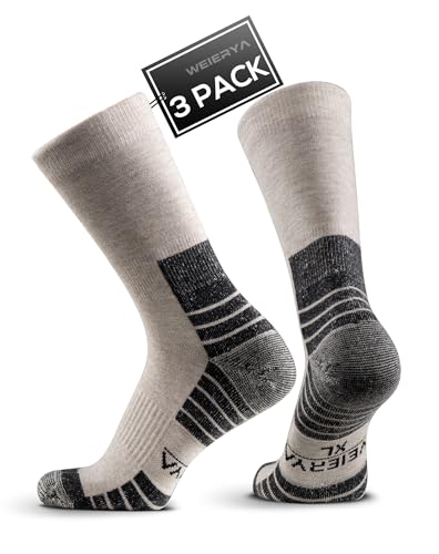 WEIERYA Wandersocken aus Merino Wolle, Crew Trekkingsocken Sportsocken für Herren & Damen, 3 Paar Gepolsterte Outdoor-Socken, Haferflocken L von WEIERYA