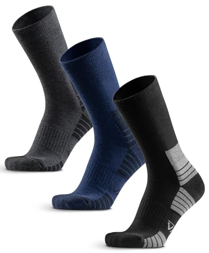 WEIERYA Wandersocken aus Merino Wolle, Crew Trekkingsocken Sportsocken für Herren & Damen, 3 Paar Gepolsterte Outdoor-Socken, Schwarz Dunkelgrau Dunkelblau L von WEIERYA