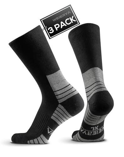 WEIERYA Wandersocken aus Merino Wolle, Crew Trekkingsocken Sportsocken für Herren & Damen, 3 Paar Gepolsterte Outdoor-Socken, Schwarz L von WEIERYA