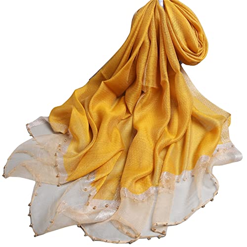 WEIGEER Silk Scarf Women Shawl Yellow Wool Scarf Ladies Cloths Pure Neckerchief Head Wrap Hand-Stitched Beads Thin Scarf Beach Hijab Belt Bridal Shawl Christmas Decorations Scarf von WEIGEER