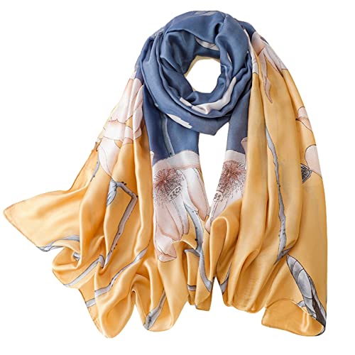 WEIGEER Silk Scarf Women Chiffon Shawl Stain Neckerchief Long Head Wrap Lightweight Scarf Ladies Hijab Belt Vintage Bridal Shawl Chiffon Scarf Muslim Cloth floral Christmas Scarf (Blue yellow) von WEIGEER