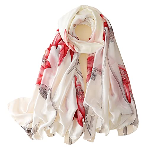 WEIGEER Silk Scarf Women Chiffon Shawl Stain Neckerchief Long Head Wrap Lightweight Scarf Ladies Hijab Belt Vintage Bridal Shawl Chiffon Scarf Muslim Cloth floral Christmas Scarf (White Red) von WEIGEER