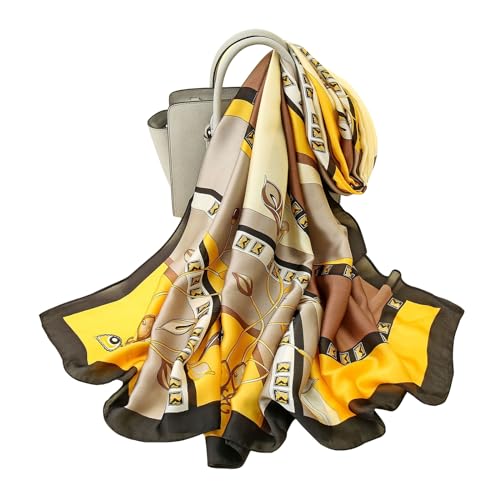 Silk Scarf Women Green Shawl Stain Neckerchief Head Wraps Thin Scarf Ladies Beach Shawl Vintage Painting Bridal Belt Chiffon Scarf Muslim Colourful Cloth Birthday gifts (Yellow-strip) von WEIGEER