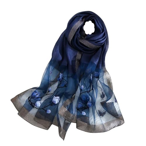WEIGEER Silk Scarf Women Seidenschals Damen Shawl Satin Natural Pure Hijab Thin Masks Silk Cloth Luxury Binder Senior Handmade Seidentuch Damen Muslin Lotus Beach Scarf 180 * 70CM (Blue) von WEIGEER