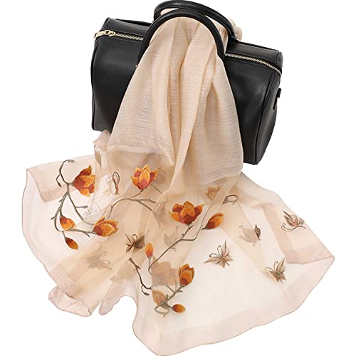 WEIGEER Silk Scarf Women Seidenschals Damen Shawl Satin Natural Pure Hijab Thin Masks Silk Cloth Luxury Binder Senior Handmade Seidentuch Damen Muslin Lotus Beach Scarf Beige 180 * 70CM von WEIGEER