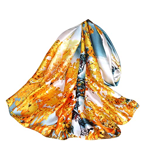 WEIGEER Silk Scarf Women Shawl Blue Scarf Stain Neckerchief Head Wraps Thin Scarf Ladies Beach Shawl Vintage Painting Bridal Belt Chiffon Scarf Muslim Colorful Cloth Christmas Scarf (Yellow-white) von WEIGEER