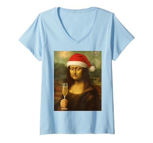 Damen Christmas & New Years EVE X Tired SAD Mona Lisa Prosecco T-Shirt mit V-Ausschnitt Damen Christmas & New Years EVE X Tired SAD Mona Lisa Prosecco T-Shirt mit V-Ausschnitt von WEIHNACHTEN SILVESTER OUTFIT X TIRED SAD MONA LISA