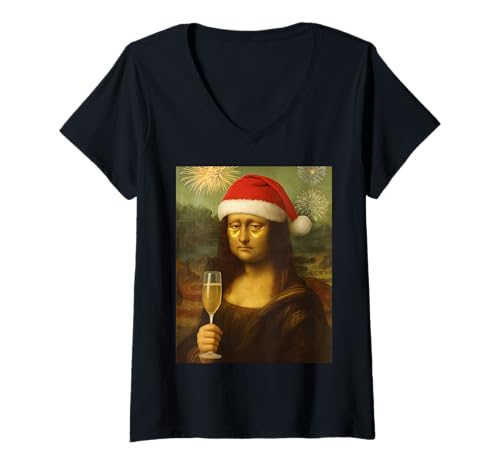 Damen Christmas & New Years EVE X Tired SAD Mona Lisa Prosecco T-Shirt mit V-Ausschnitt Damen Christmas & New Years EVE X Tired SAD Mona Lisa Prosecco T-Shirt mit V-Ausschnitt von WEIHNACHTEN SILVESTER OUTFIT X TIRED SAD MONA LISA